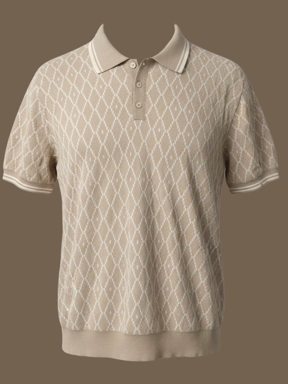 Forever 21 Tan Polo Shirt White Geometric Pattern Men’s Large
